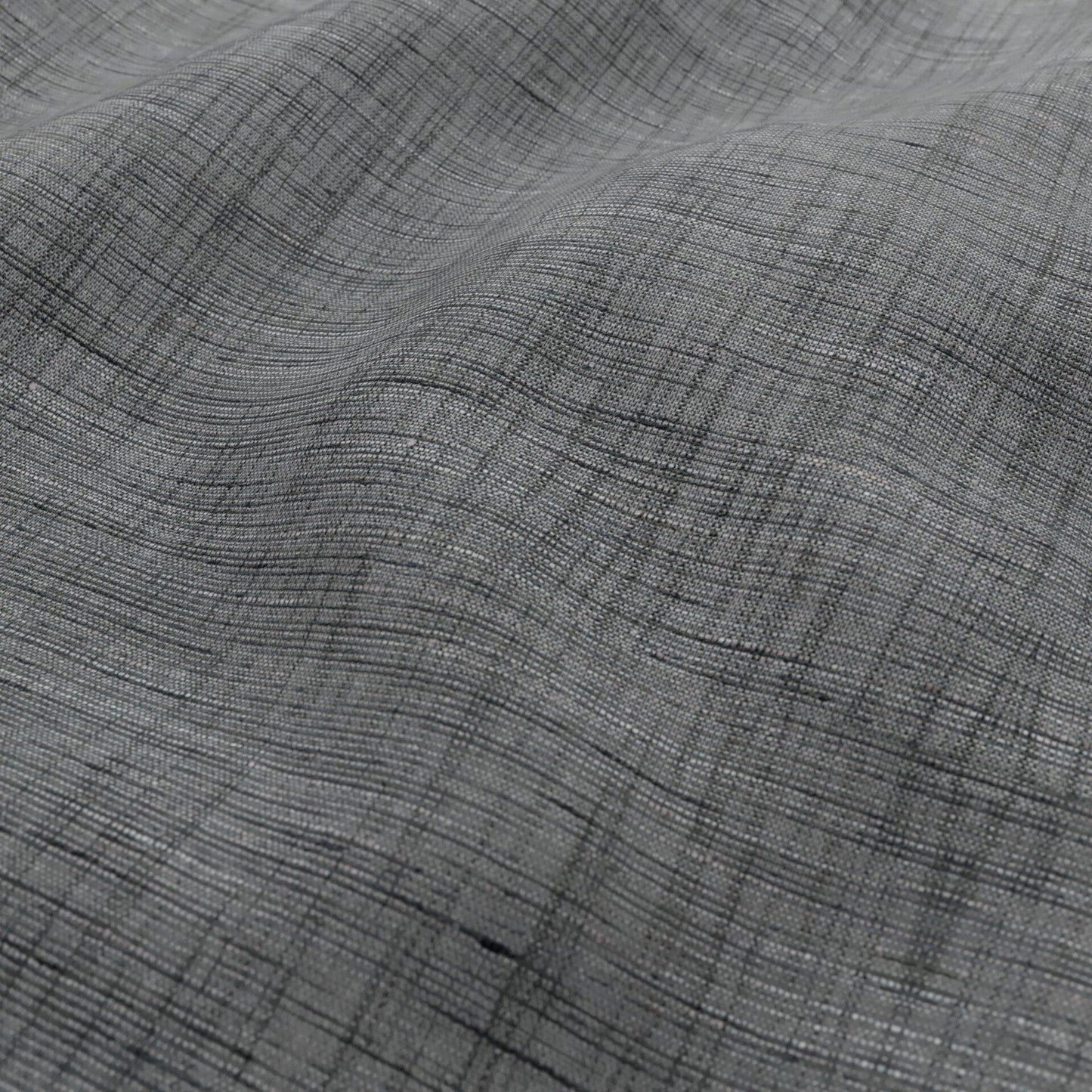 Grey linen-like fabric with a subtle plaid cross-hatch weave & soft drape, in black, dark grey and light grey.