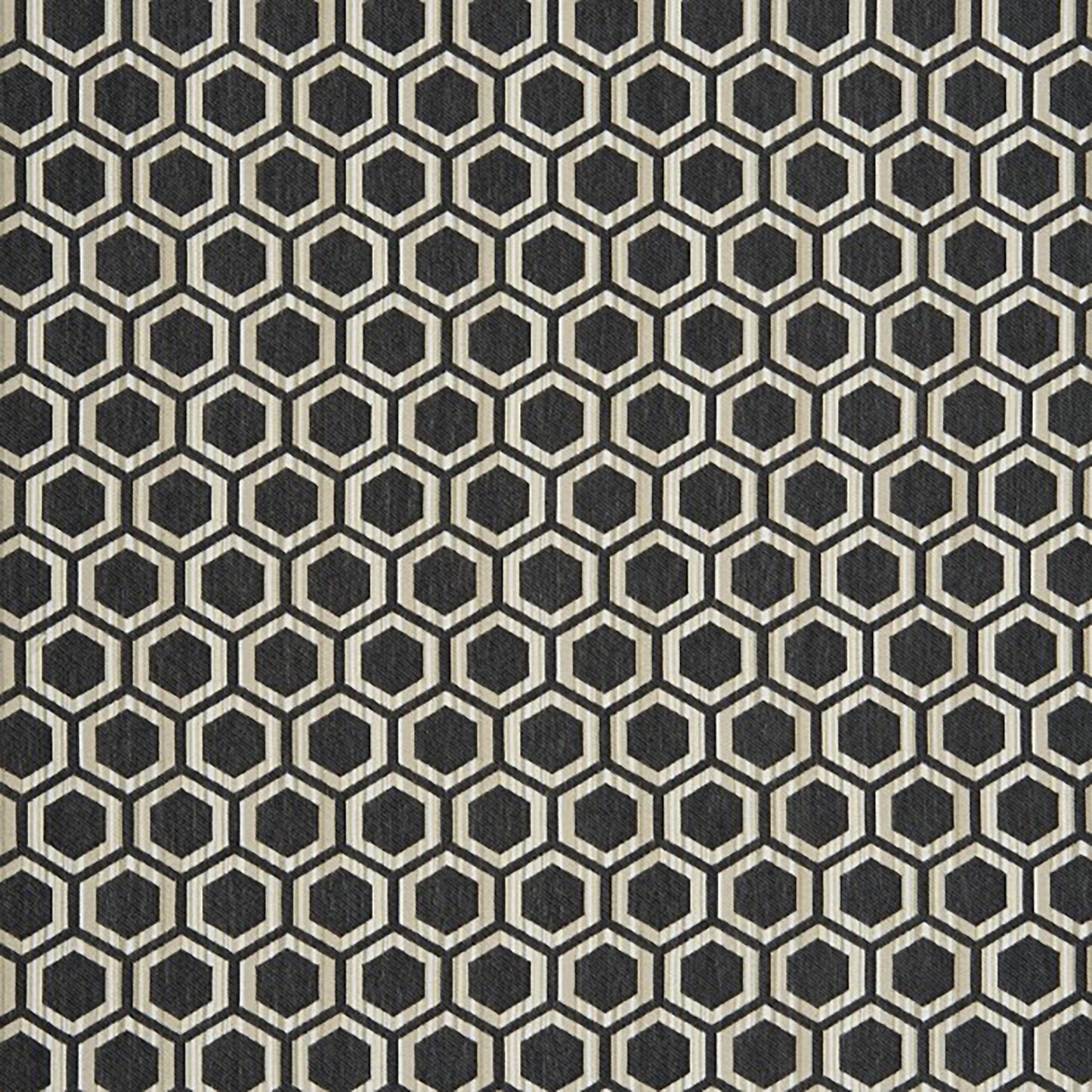 Beige-outlined black hexagon honeycomb pattern on fabric; modern geometric textile for home decor.