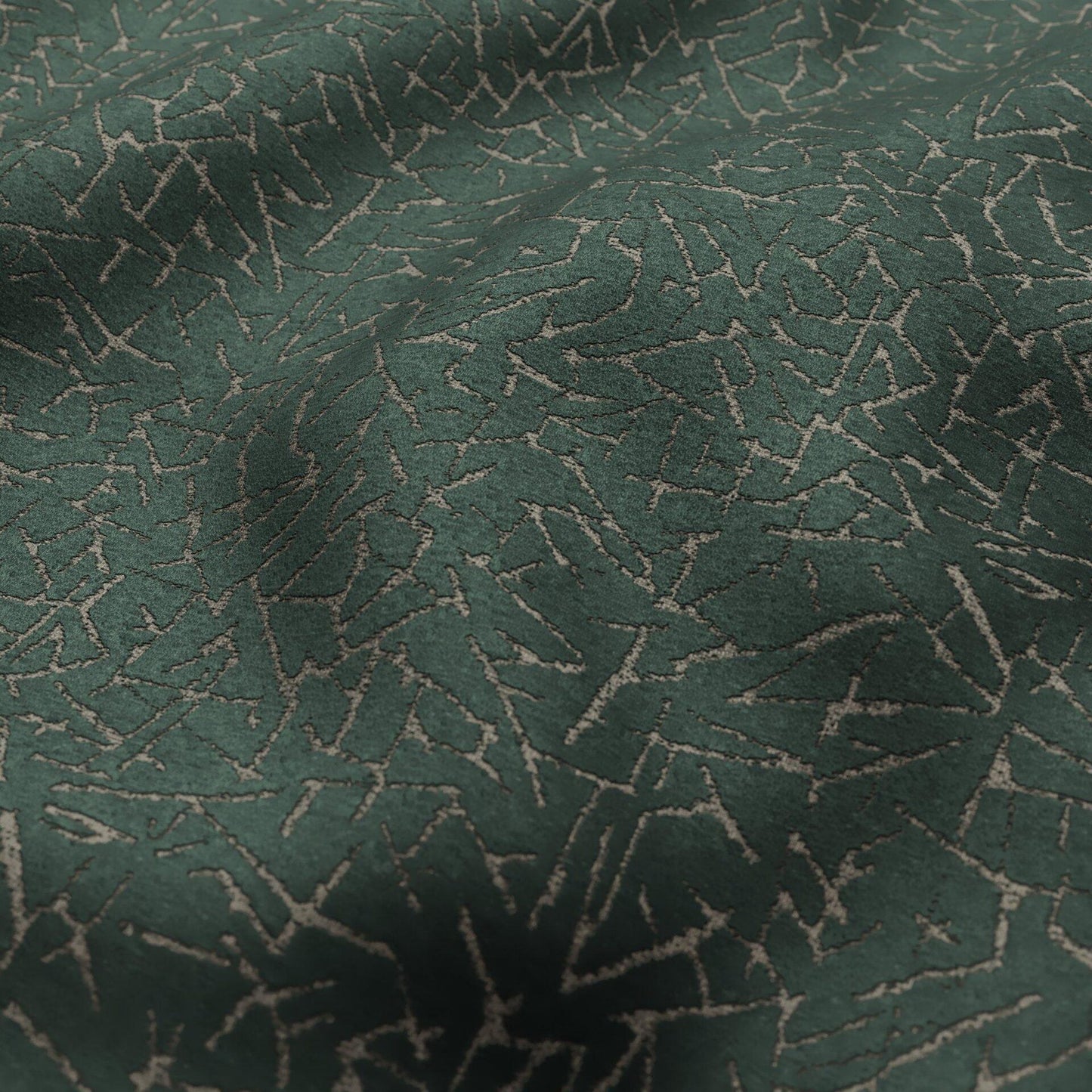 Teal velvet fabric with an abstract crackle pattern; textured upholstery fabric suitable for sofas or curtains.