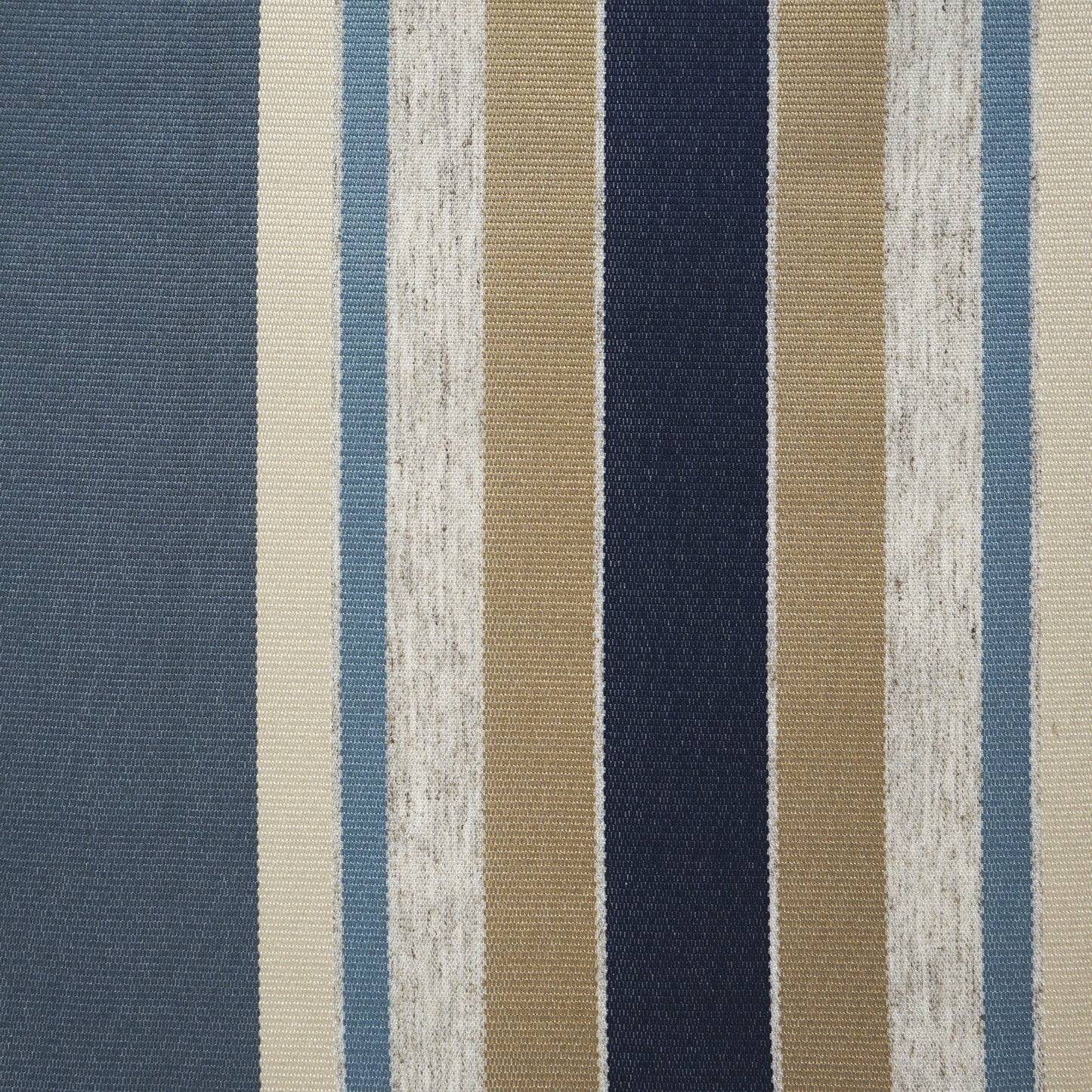 Woven striped upholstery fabric with vertical navy, beige, cream, light blue and taupe stripes.
