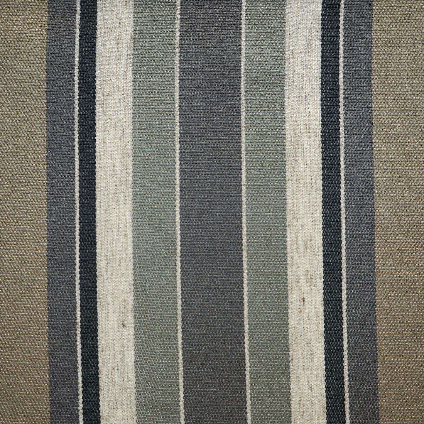 Woven striped upholstery fabric with vertical tan, beige, gray, olive and cream stripes.