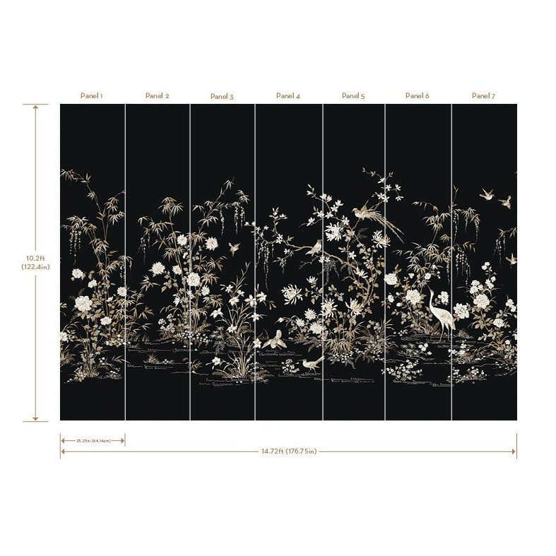 KT2264M botanical wall mural: black backdrop with cream/white flowers and gold-tone stems along a low meadow border.