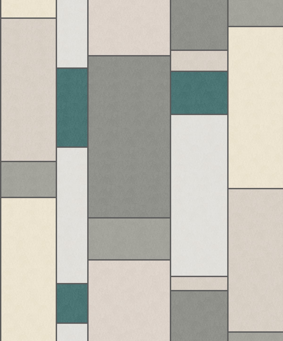 Geometric tile mosaic with beige, cream, gray, white and teal rectangular tiles arranged in vertical column blocks.