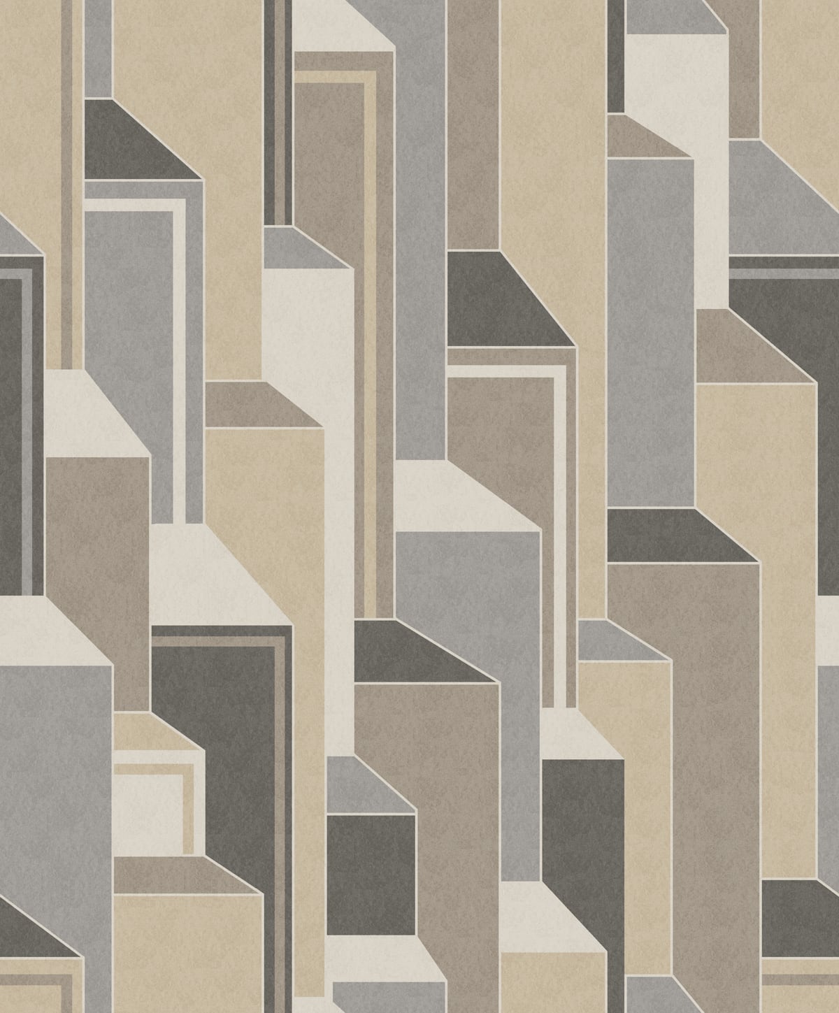 Abstract geometric rug pattern in beige, taupe, gray and ivory rectangles; Art Deco’???inspired Mondrian-style design in a beige matte palette.
