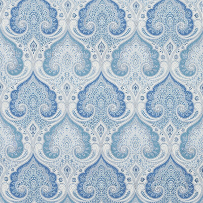 Elegant blue paisley pattern fabric featuring intricate designs and varying shades of blue. Ideal for upholstery or drapery.