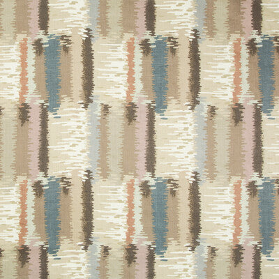 Colorful woven fabric featuring abstract vertical stripes in pink, beige, and black
