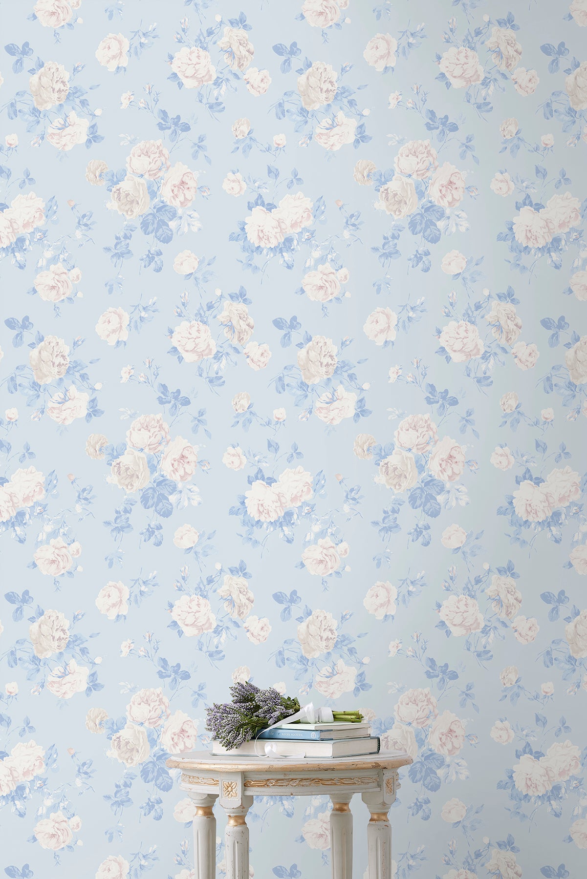 York Wallcoverings NuWallpaper Everblooming Rosettes Whisper Blue Cabbage Rose Bouquets Peel and Stick Wallpaper Botanical Vintage Whisper Blue Current Peel & Stick - LFS6490