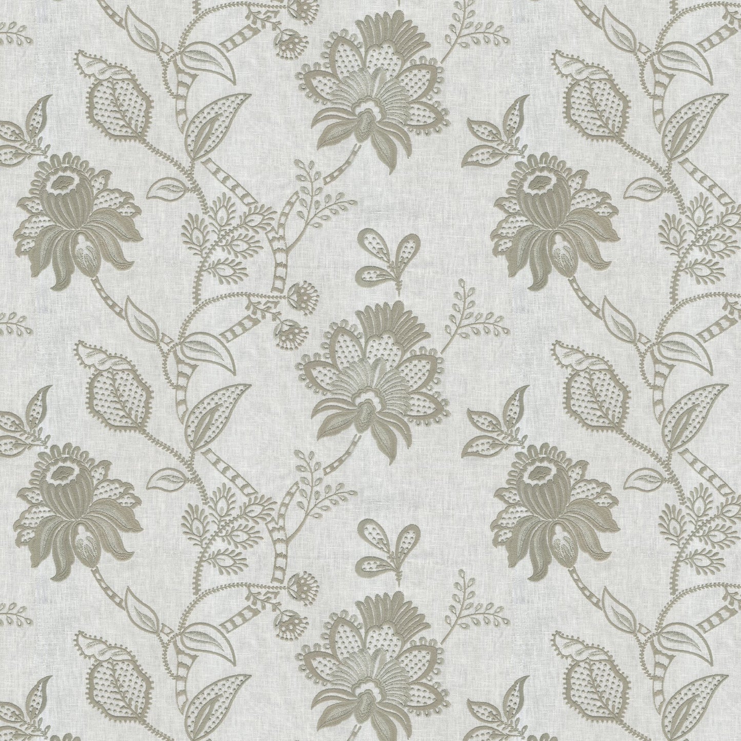Beige linen-textured fabric with a taupe-grey floral damask embroidery pattern.