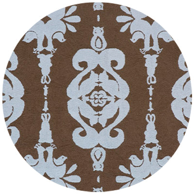 Brown rectangular rug with a light blue damask pattern and ornate Victorian floral motif; 3' x 5'.