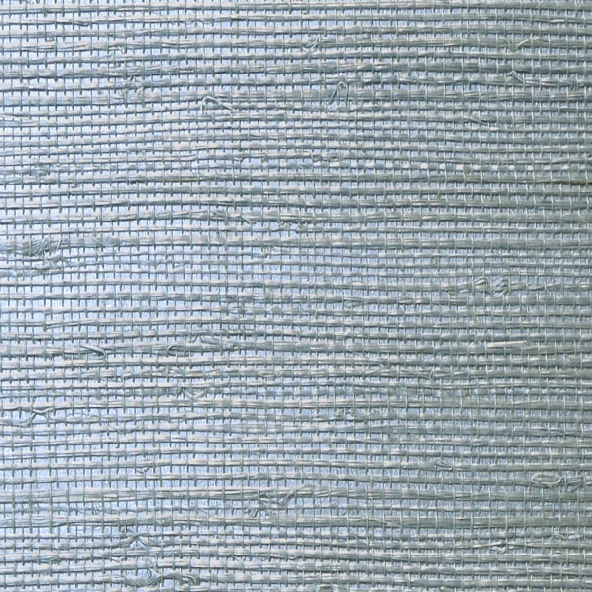Close-up of pale blue-gray grasscloth wallpaper showing a woven texture with tight horizontal ridges and small frayed fibers.