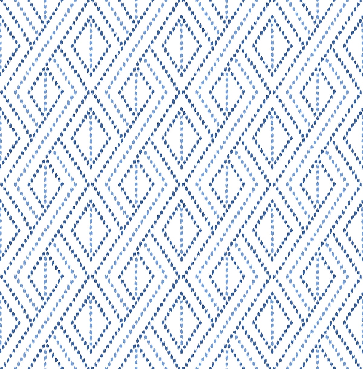 Peel-and-stick wallpaper featuring a geometric boho grid pattern in blue satin.