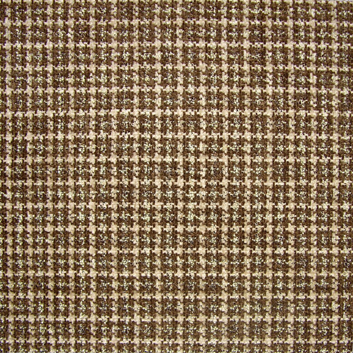 Brown and beige plaid tweed fabric, close-up of woven checkered texture.