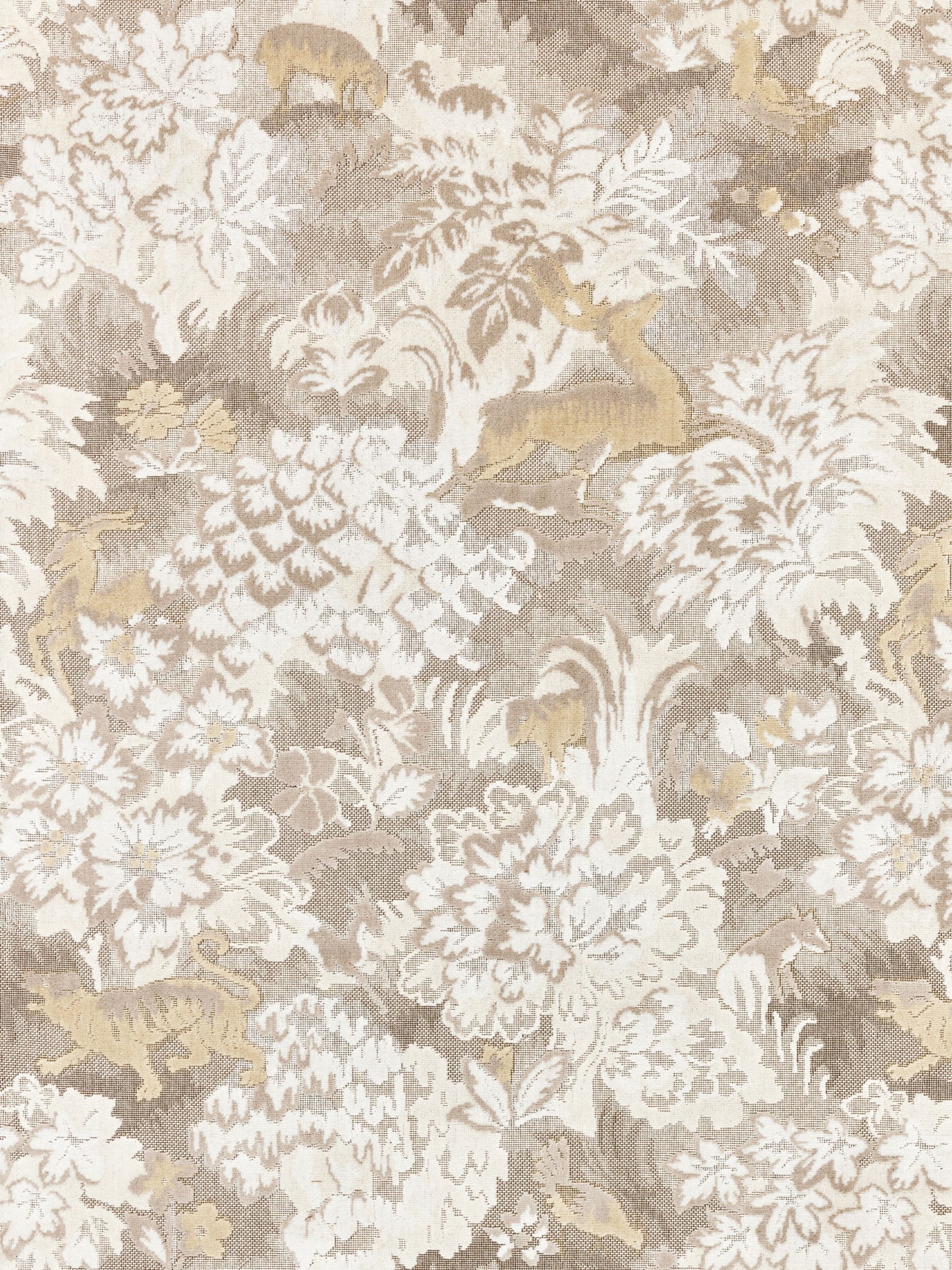 Damask floral tapestry fabric in ivory, beige and gold with subtle tiger motifs; upholstery or drapery decor.