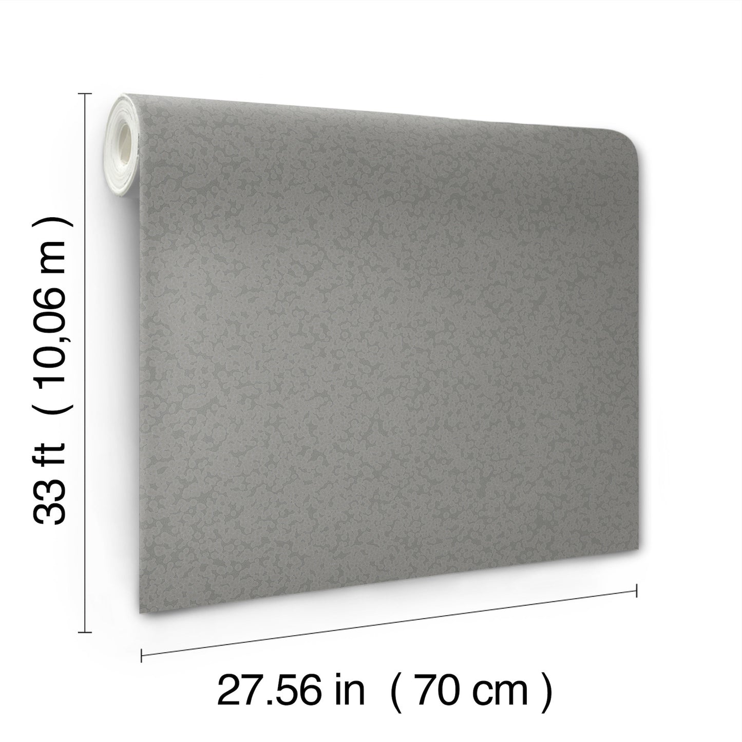 Grey speckled wallpaper roll with textured vinyl, 27.56 in wide by 33 ft long.