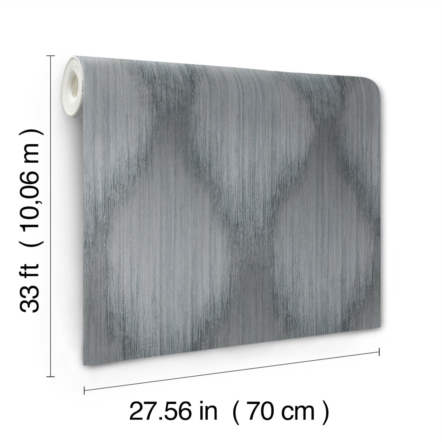 Grey geometric wallpaper roll with overlapping circular pattern; 70 cm wide, 33 ft long, metallic finish
