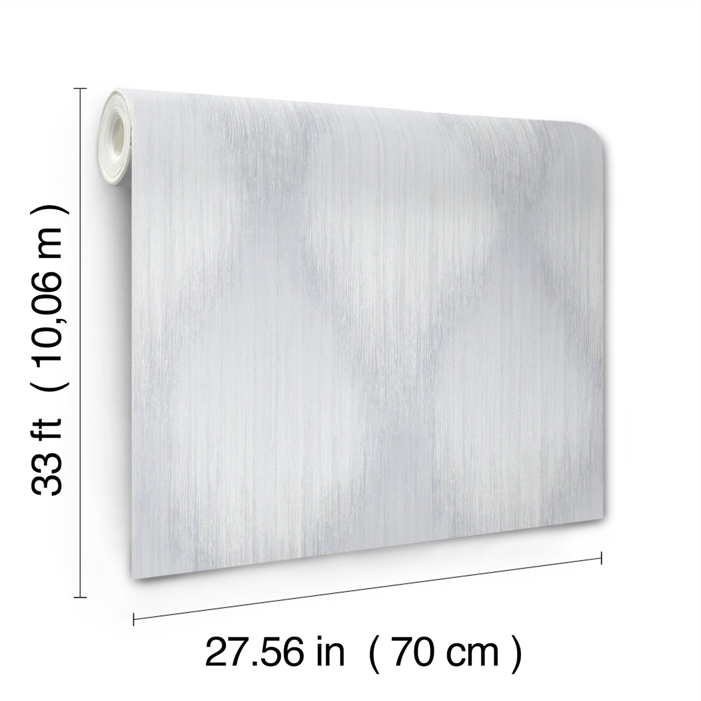 Grey metallic ikat wallpaper roll; long sheet with a left-end roll, 70 cm wide and about 10 m long.