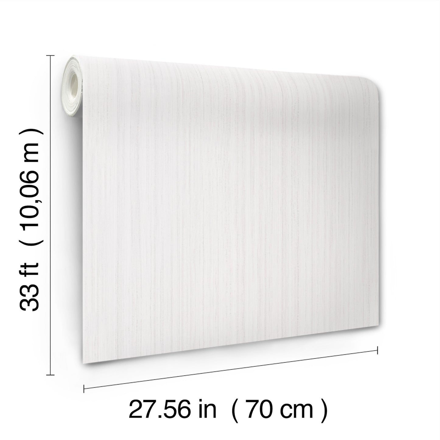 White textured wallpaper roll, 70 cm wide by 10.06 m (33 ft) long.