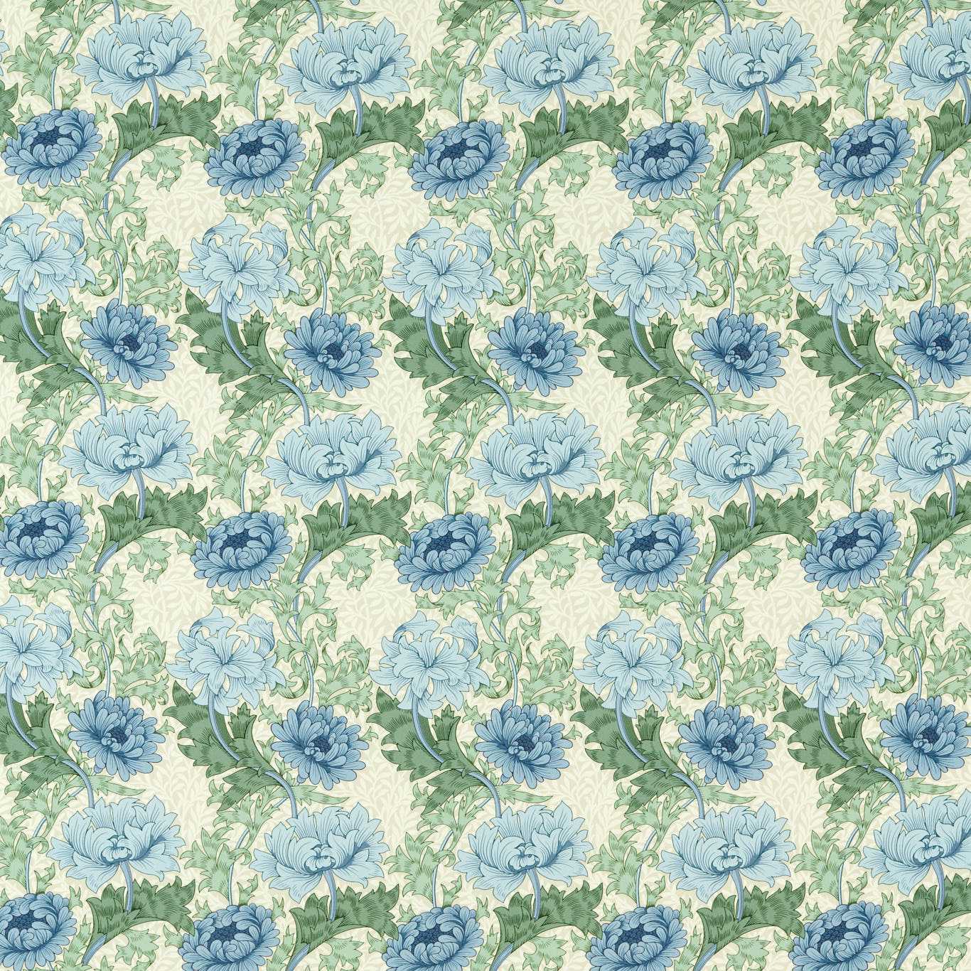MORRIS & CO Chrysanthemum Fabric Classic Floral Indigo,Bayleaf - MAMB227099