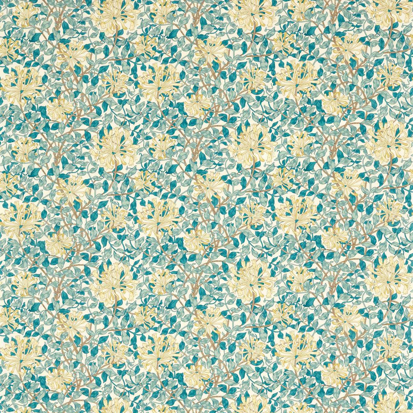 MORRIS & CO Honeysuckle Fabric Classic Floral Teal,Soft Lemon - MAMB227123