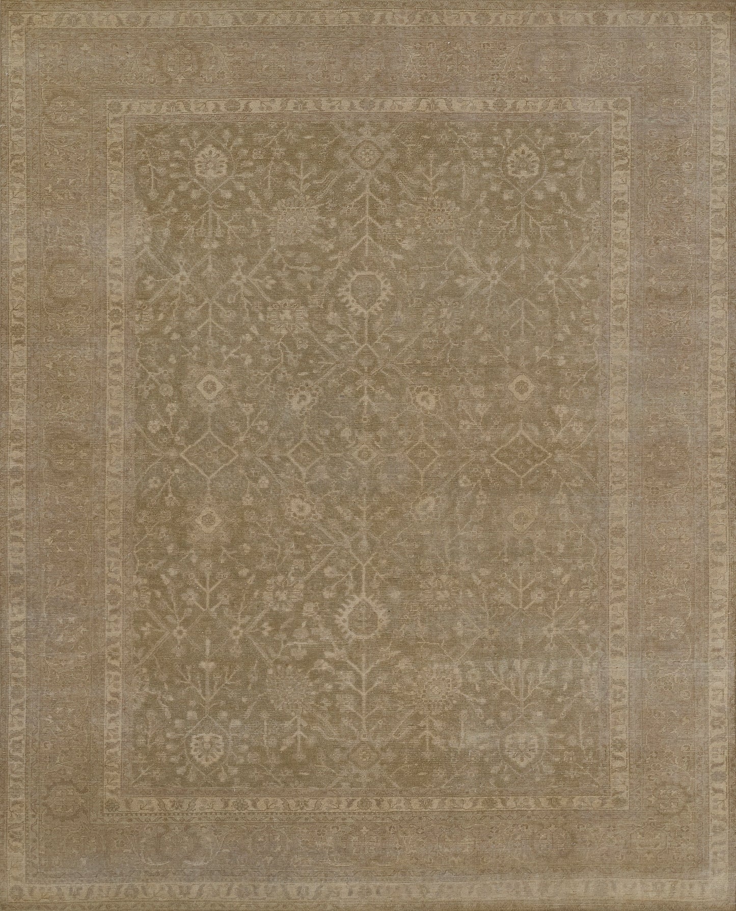 Rectangular beige runner rug with antique distressed floral pattern and decorative border.