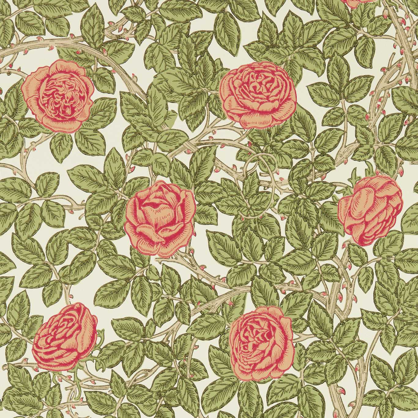 MORRIS & CO Rambling Rose Wallpaper Classic Floral Twining Vine Surflex-Printed Wallpaper - MEWW217207