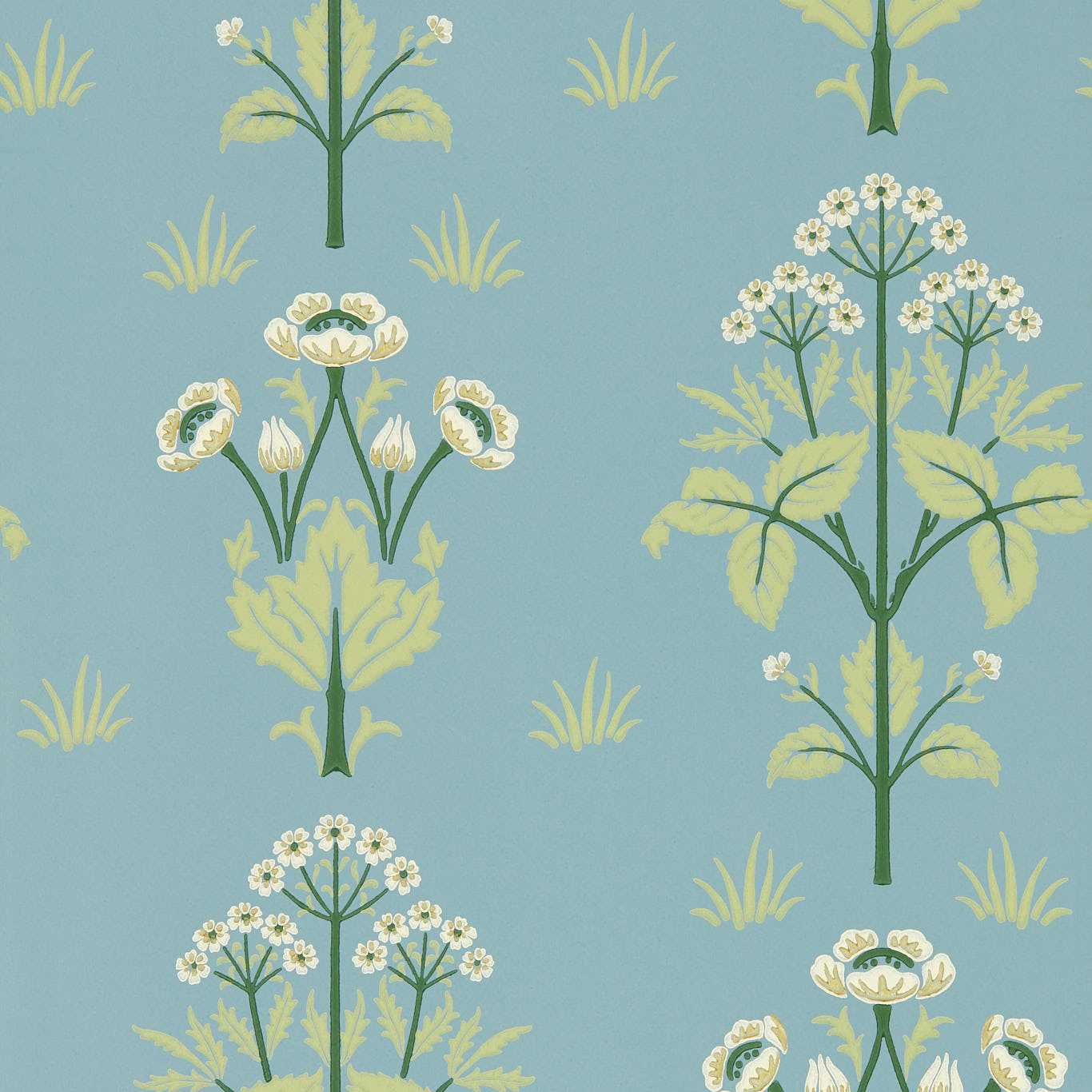 MORRIS & CO Meadow Sweet Wallpaper Contemporary, Floral Mineral Blue Surface- Printed Wallpaper - MFRW217367