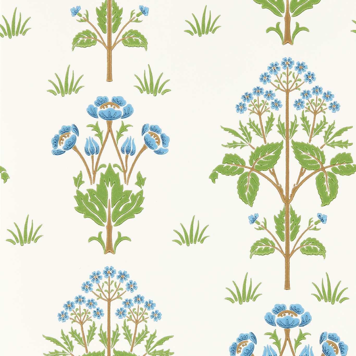 MORRIS & CO Meadow Sweet Wallpaper Contemporary, Floral Cobalt,Grass green Surface- Printed Wallpaper - MFRW217368