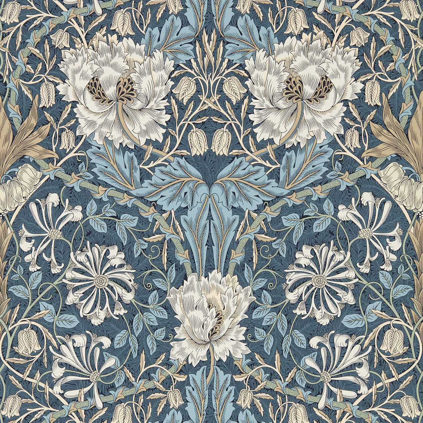 MORRIS & CO Honeysuckle & Tulip Wallpaper Classic Floral Woad,Thyme Rotary Printed Wallpaper - MFRW217371