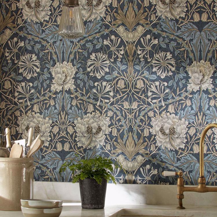 Luxury floral wallpaper with mirrored honeysuckle and tulip pattern in woad blue and thyme green, William Morris Morris & Co heritage Arts and Crafts design, elegant symmetrical botanical wallcovering for classic traditional interiors