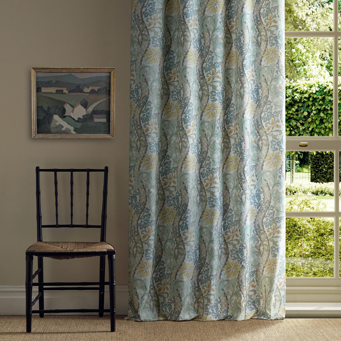 Morris & Co Cornflower hemp fabric MHTF227357 in lemon and sage — archival floral vine pattern with tulips, daisies, acanthus and cornflowers, ideal for curtains, upholstery or cushions.