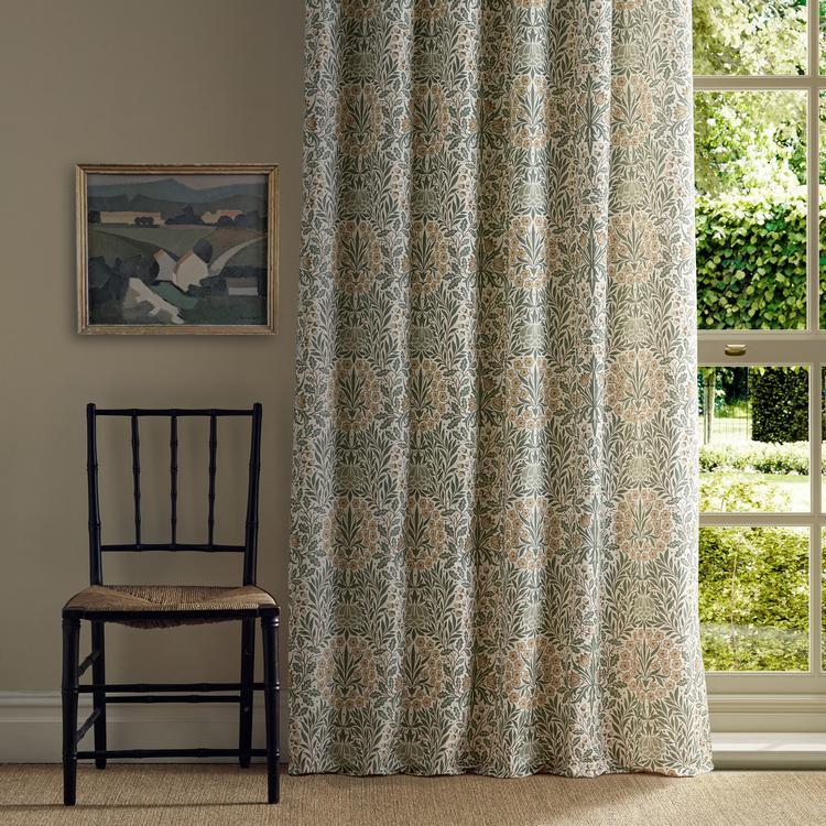 MORRIS & CO The Unfinished Works classic floral fabric in rich hues, premium viscose-linen textile for upholstery & drapery.