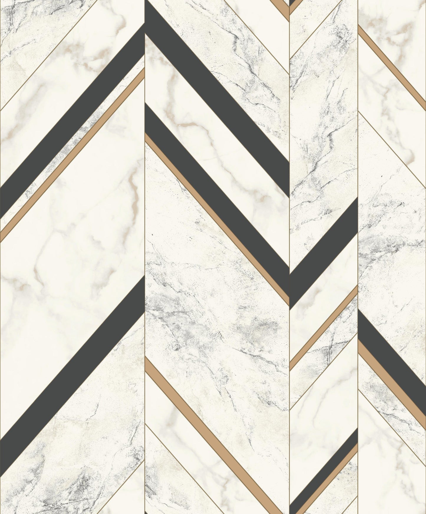 Cream marble chevron wallpaper with charcoal and bronze accents in vertical panels.