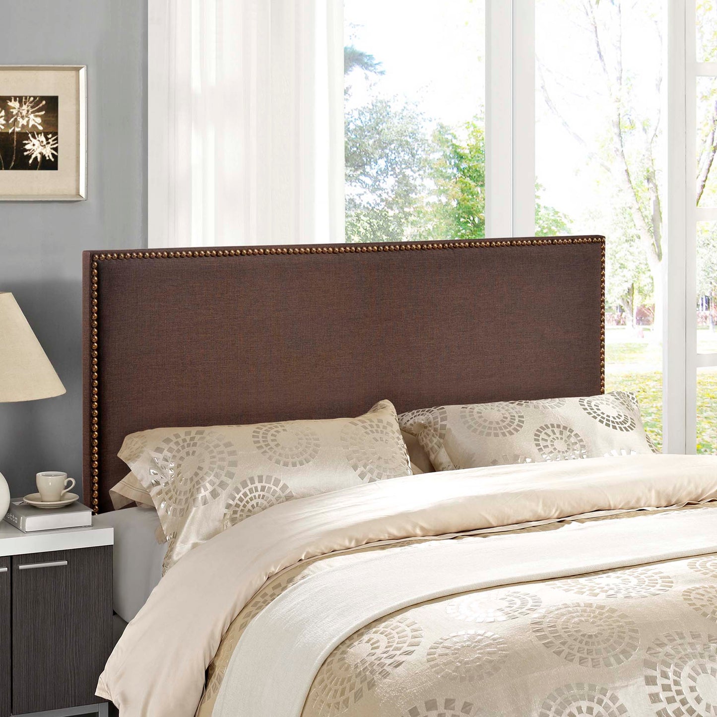 Dark brown upholstered queen headboard with nailhead trim.