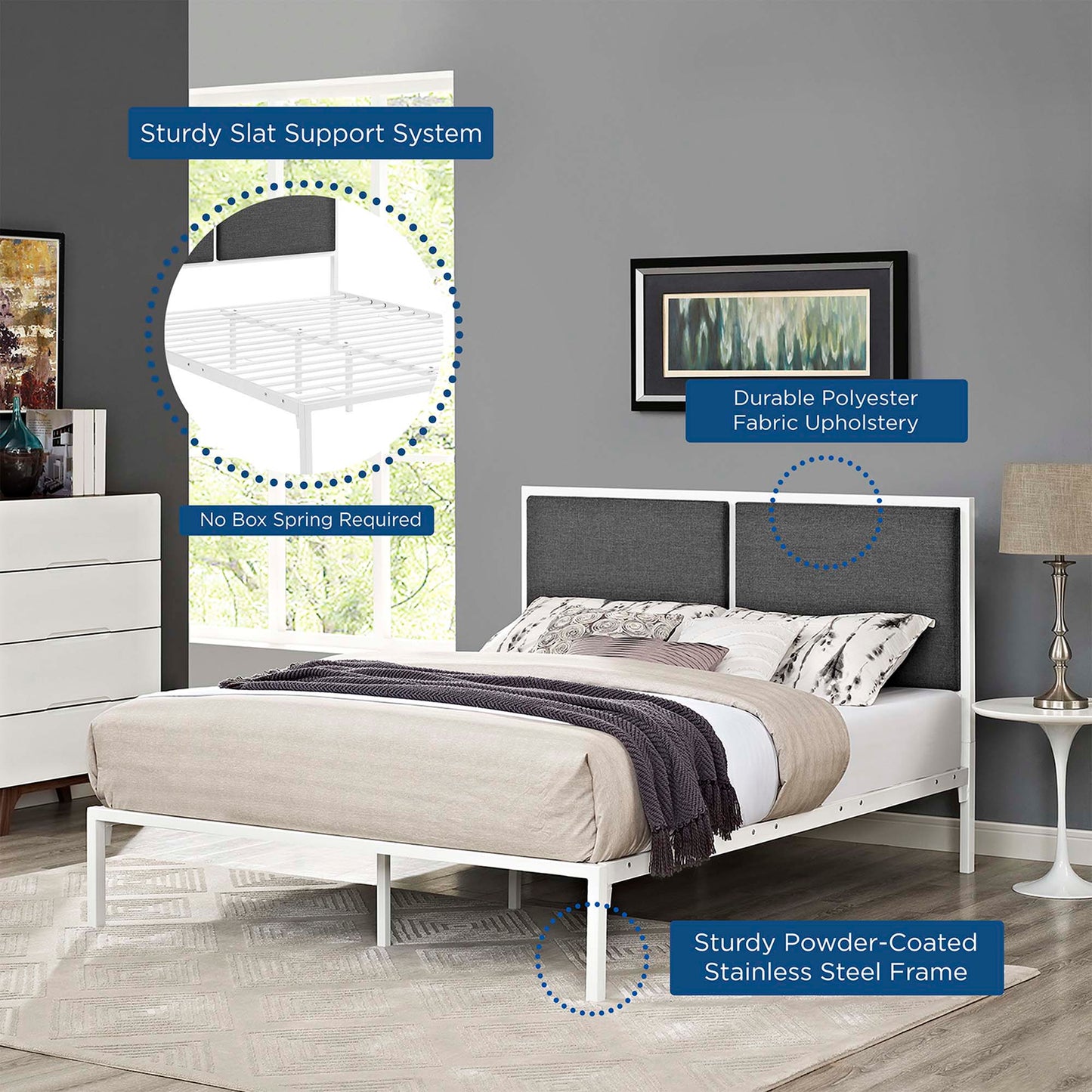 Modway Outlet Della Fabric King Bed by Modway Bedroom Furniture White Gray - MOD-5463-WHI-GRY