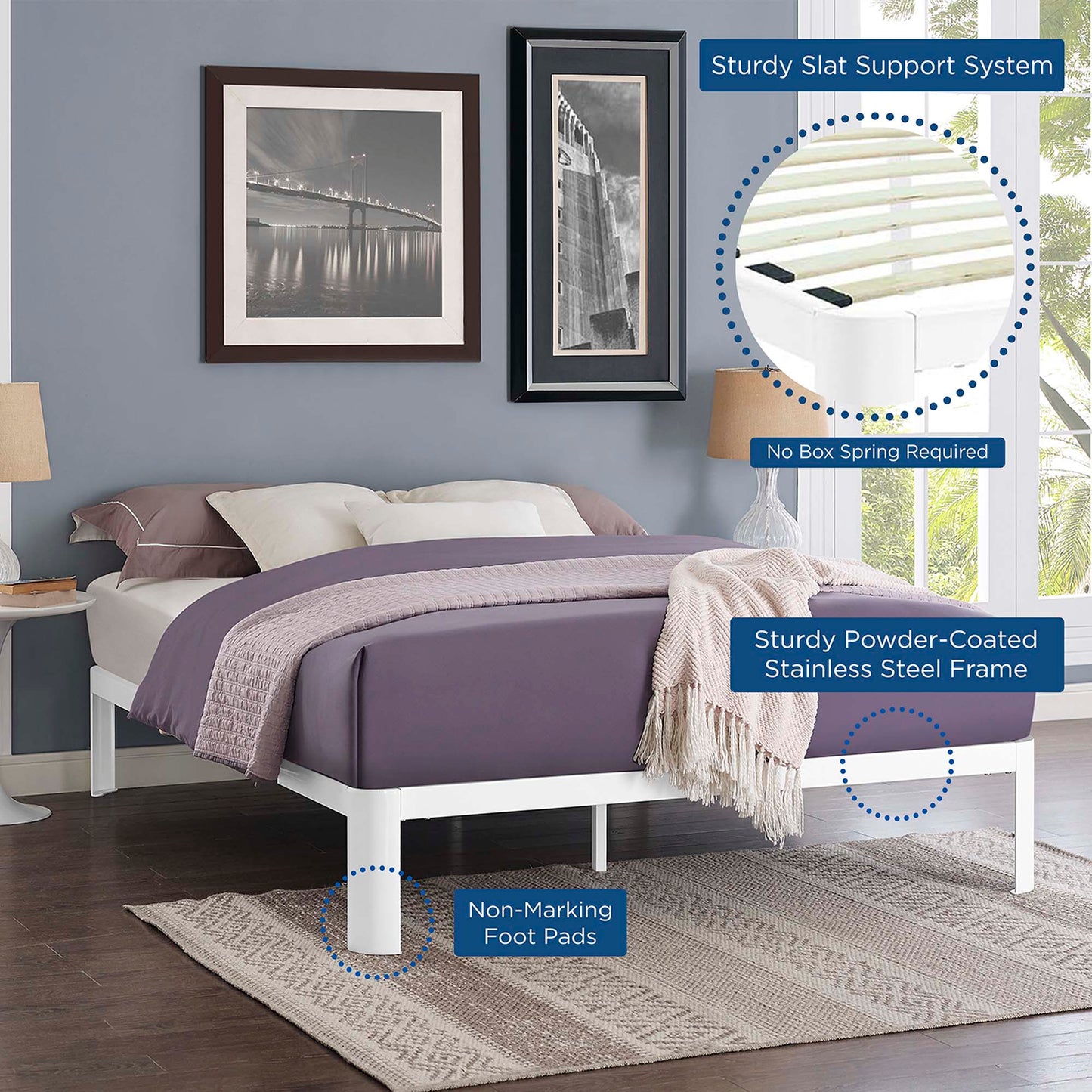White powder-coated stainless steel full bed frame with sturdy slat support, no box spring; purple bedding in modern bedroom.