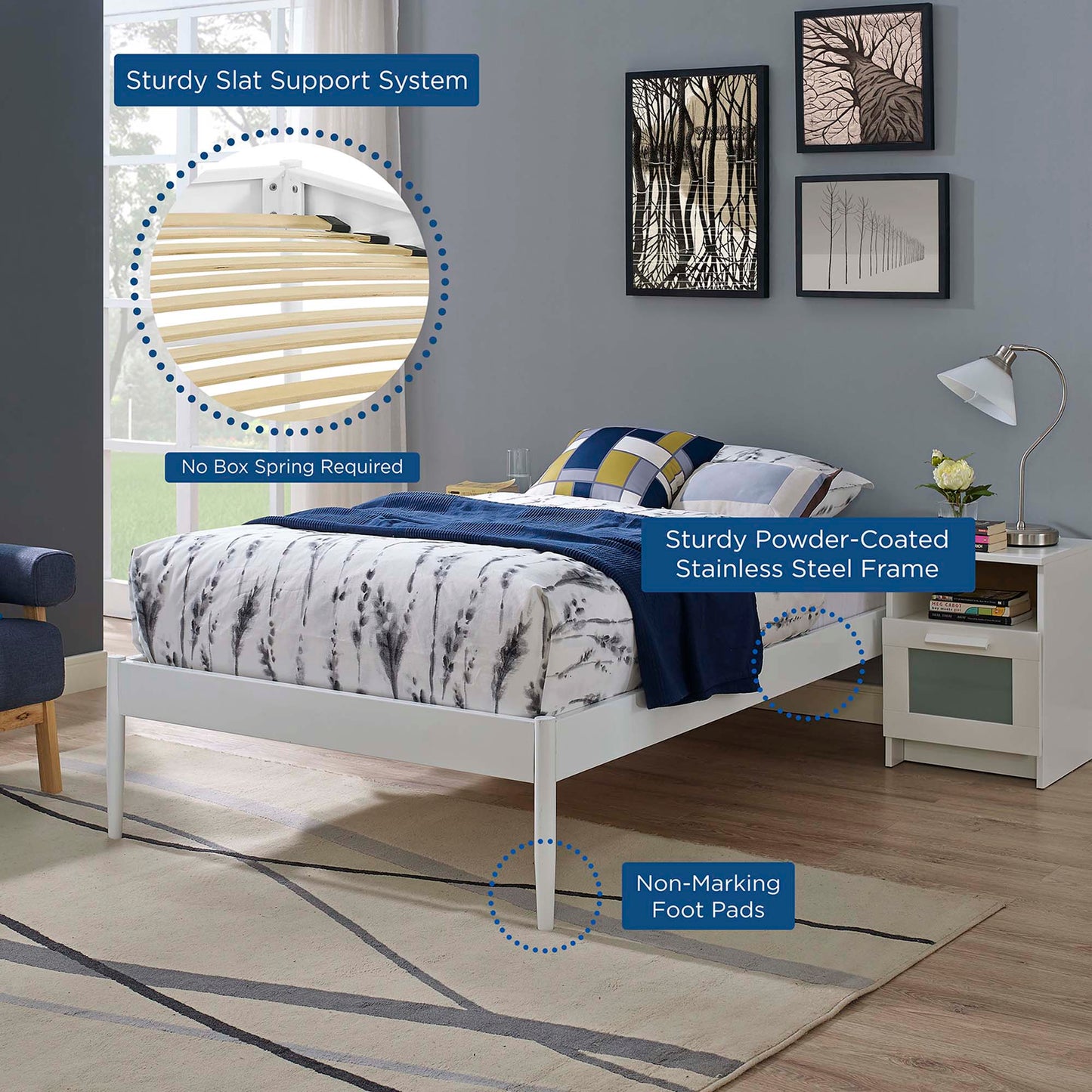 White metal twin bed frame with sturdy slat support; no box spring required; powder-coated steel frame, non-marking feet.