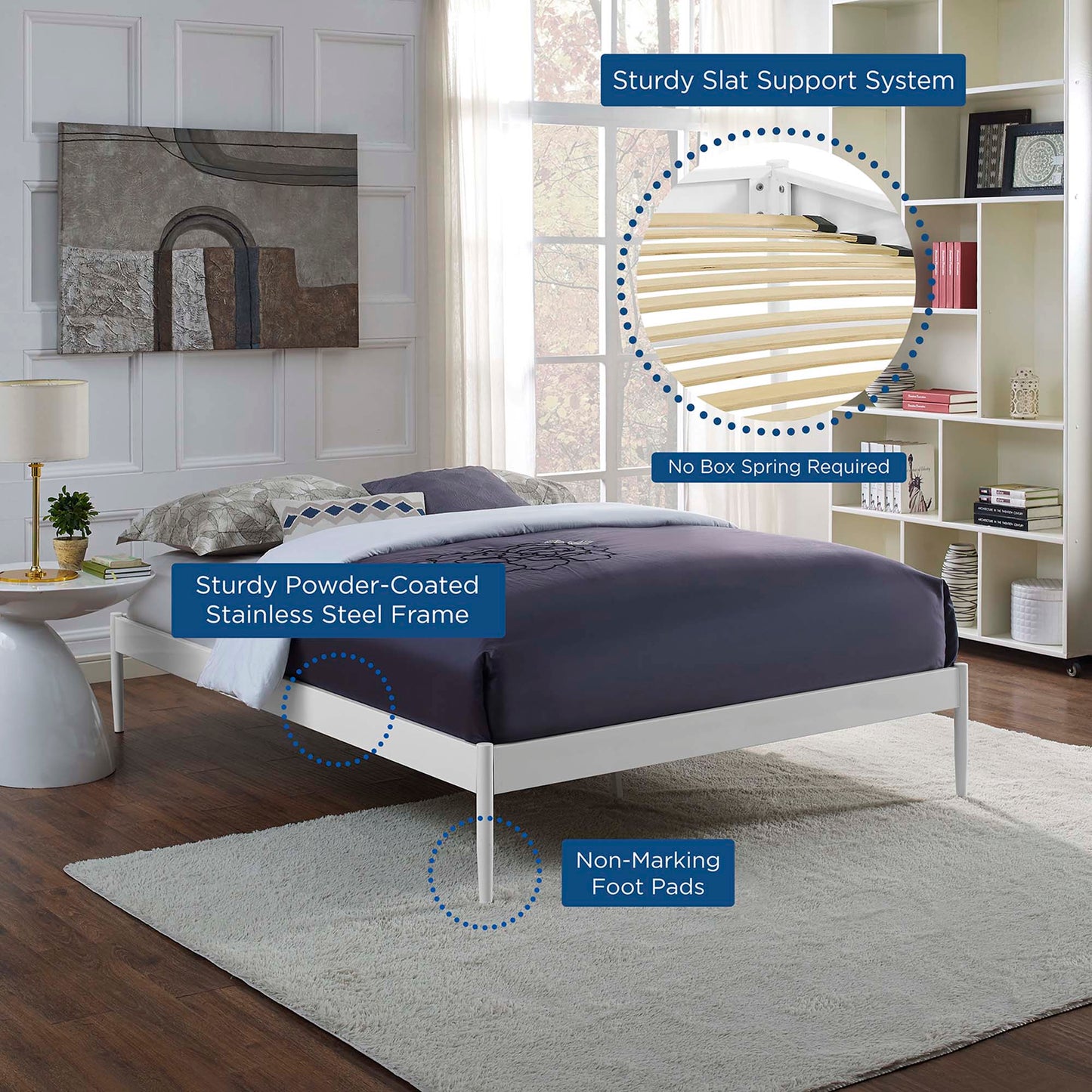 White powder-coated stainless steel bed frame with navy bedding; slat support system, no box spring, non-marking foot pads.