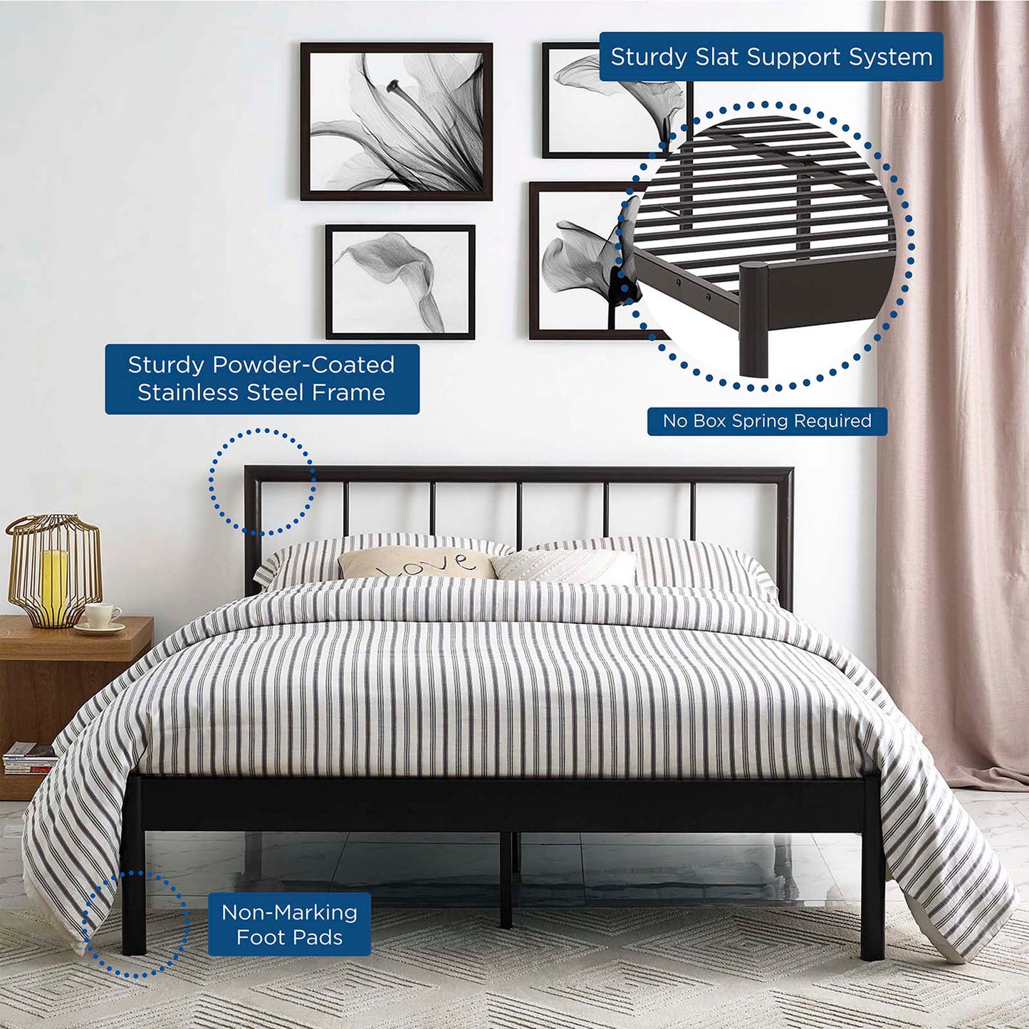 Black powder-coated steel bed frame with slat support, non-marking feet, striped bedding; no box spring required.