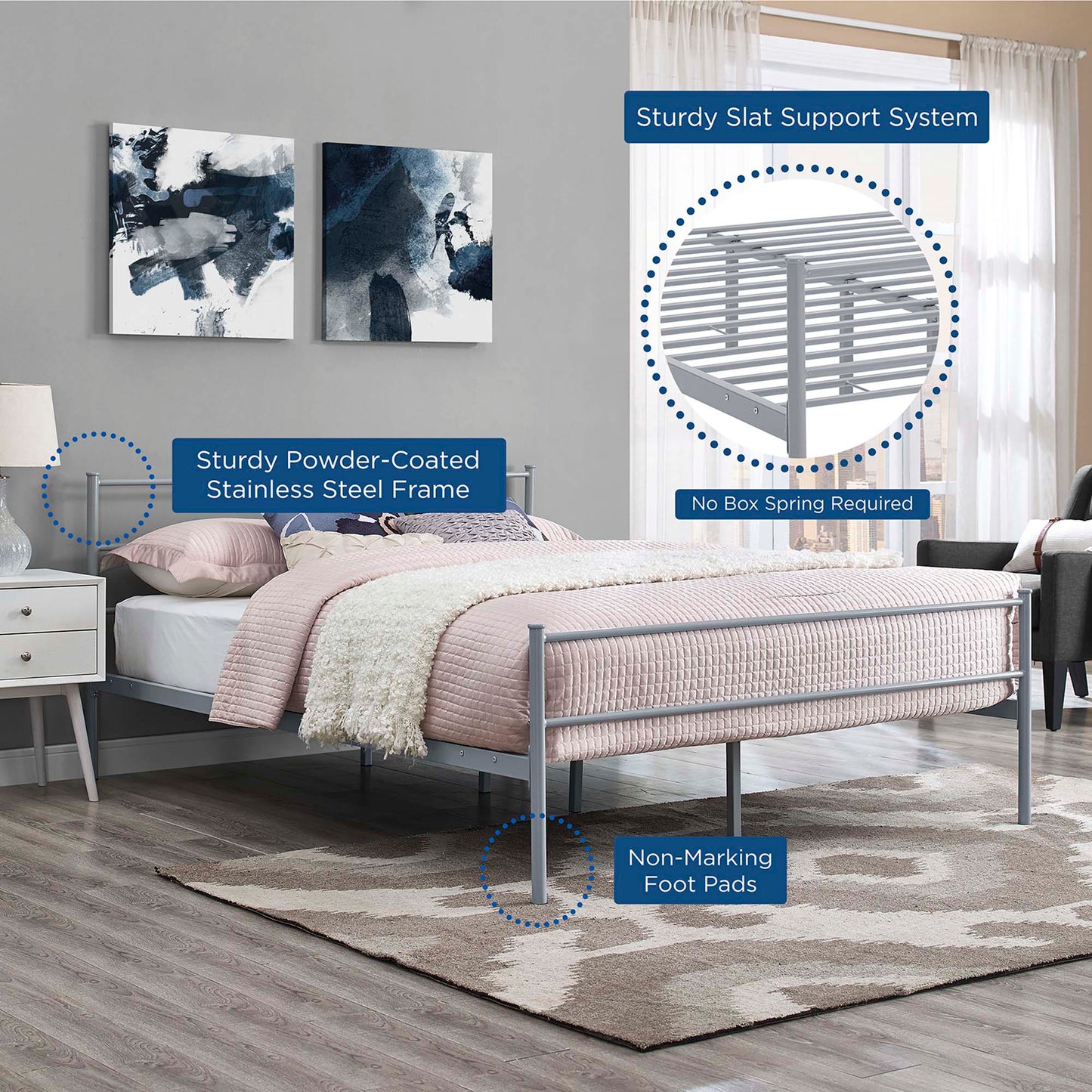 Gray powder-coated stainless steel bed frame with slat support, no box spring, non-marking foot pads; modern bedroom.