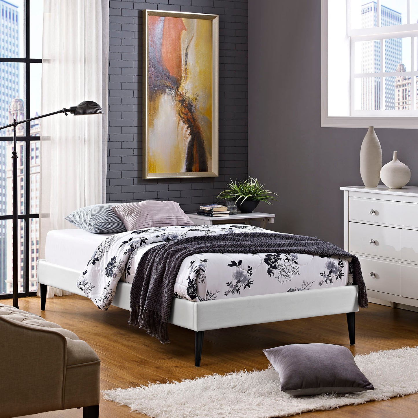 Modway Outlet Sherry Vinyl Twin Bed Frame with Round Tapered Legs by Modway Bedroom Furniture White - MOD-5581-WHI