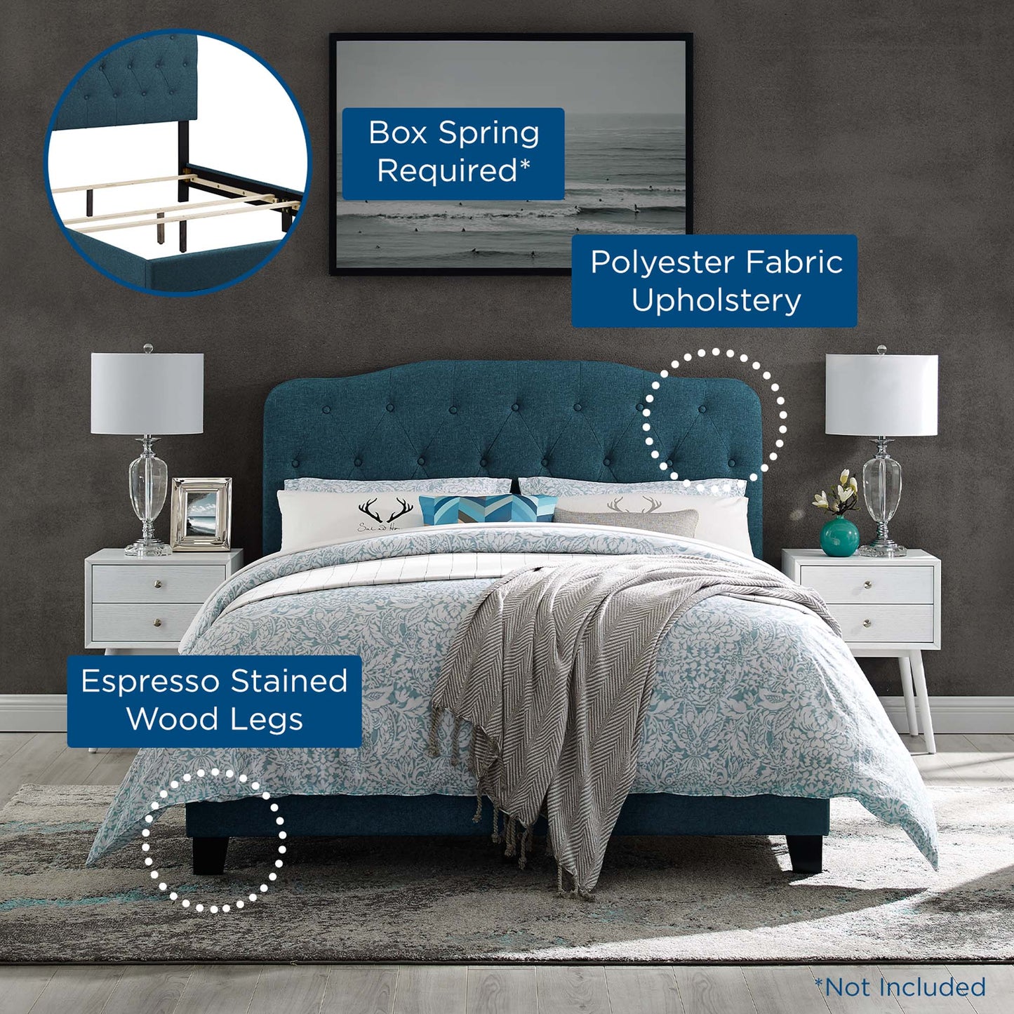Azure tufted bed with espresso wood legs, polyester upholstery; box spring required; modern nightstands & blue bedding