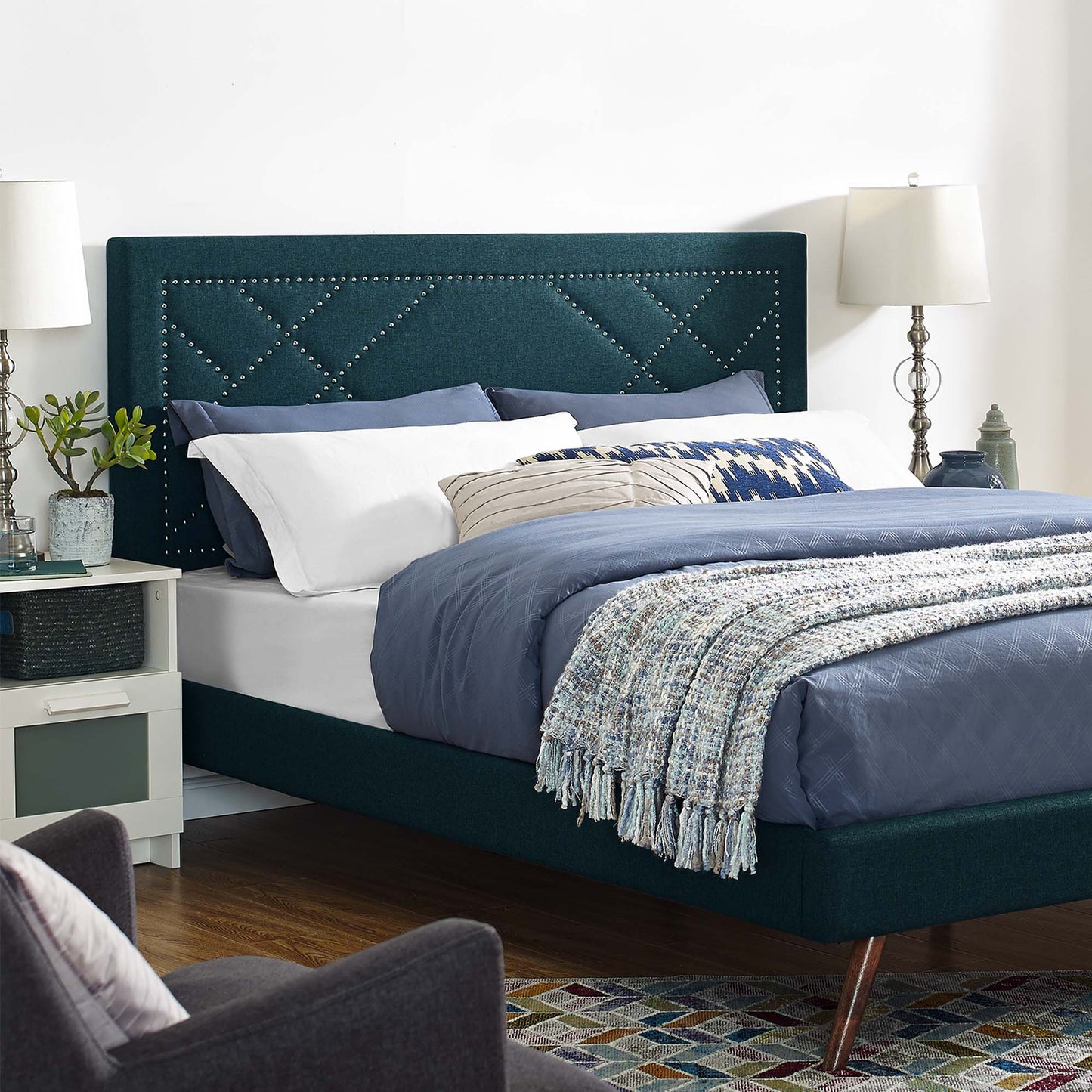Modway Outlet Reese Nailhead Upholstered Linen Fabric Full / Queen Headboard by Modway Bedroom Furniture Azure - MOD-5844-AZU