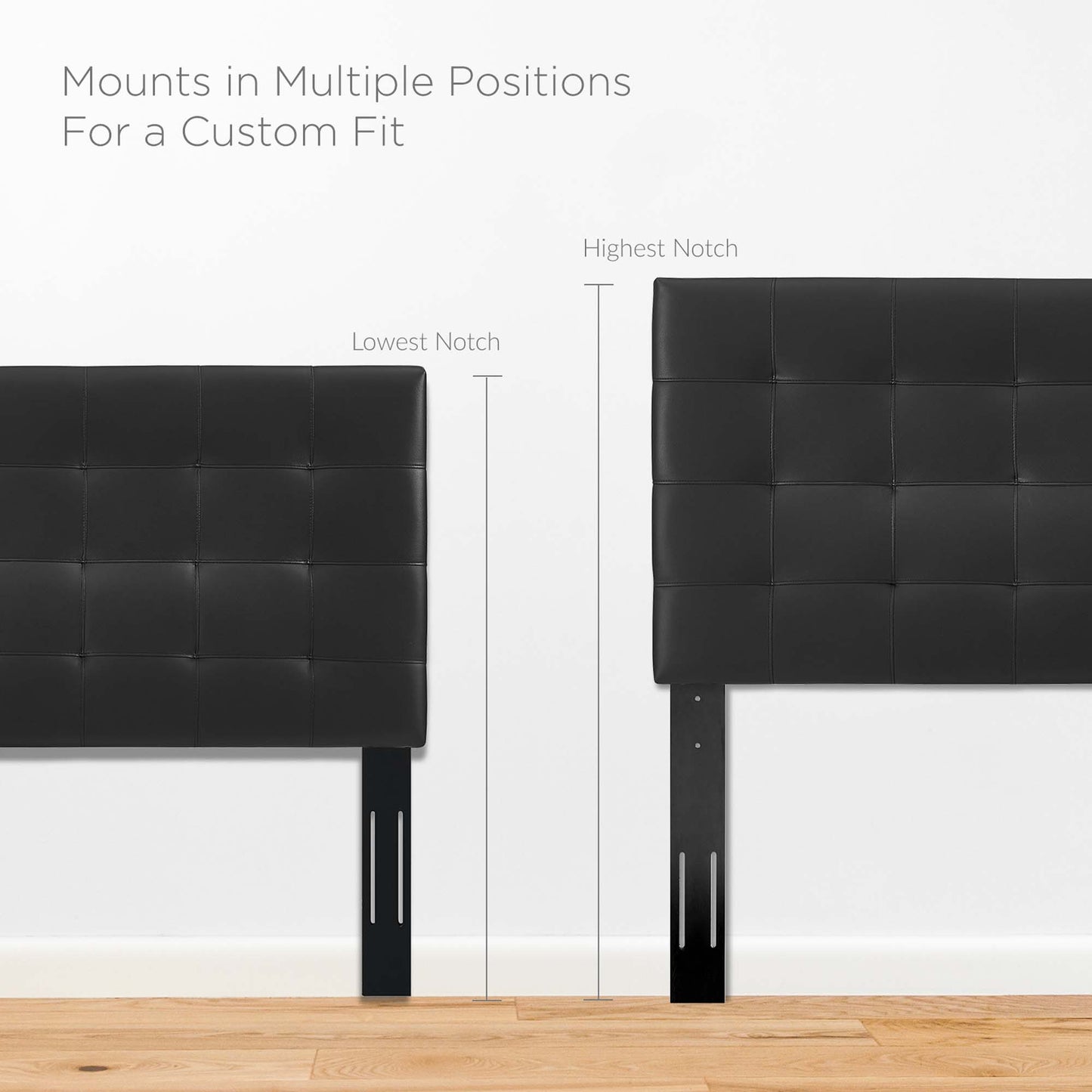 Black tufted upholstered faux-leather headboard with adjustable metal mounts and notch indicators for a custom fit.