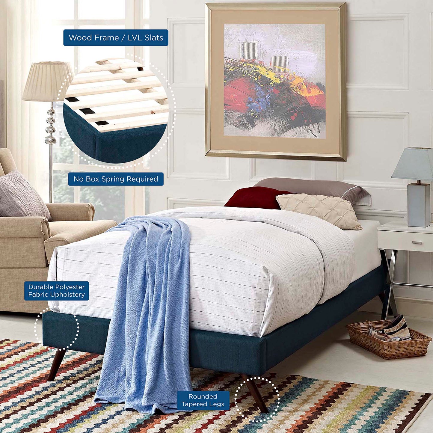 Azure fabric twin bed frame with round splayed legs; wood LVL slats; no box spring; white bedding with blue throw