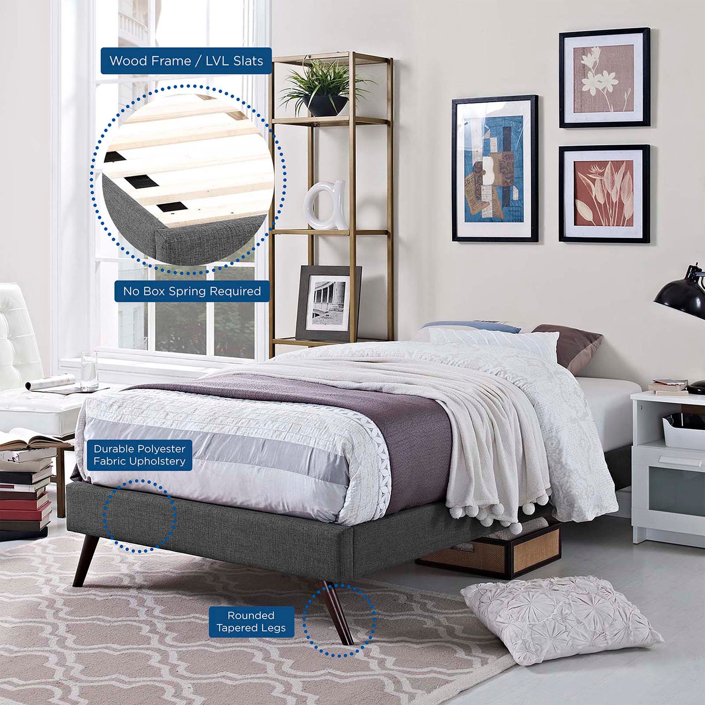 Gray fabric twin bed frame with round splayed legs; LVL slats, no box spring, modern bedroom.