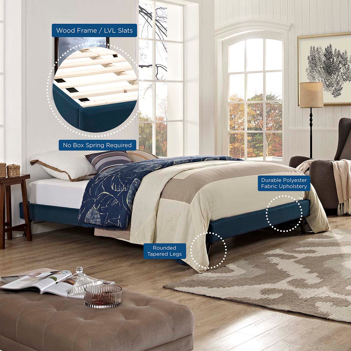 Blue polyester-fabric upholstered platform bed with wood frame and LVL slats; no box spring, rounded tapered legs.