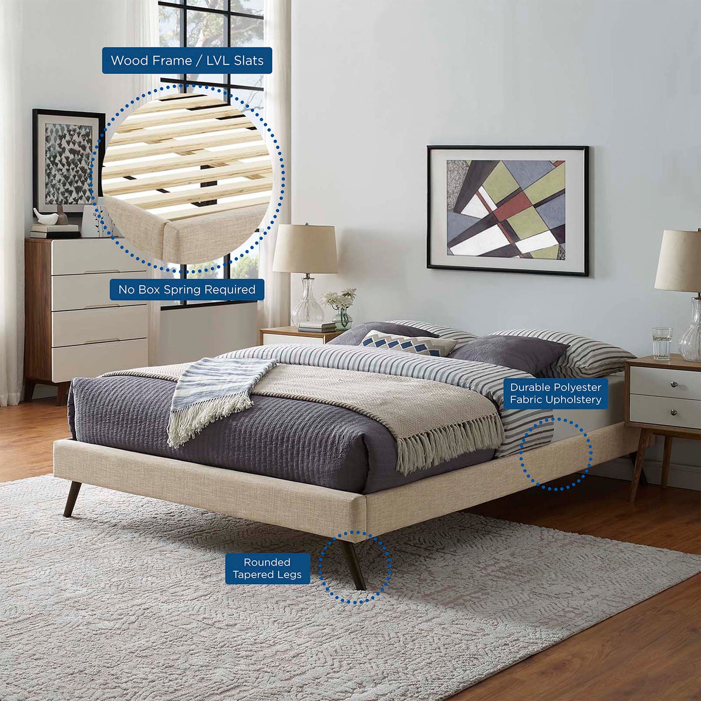 Beige fabric upholstered full bed frame with round splayed legs, LVL slats, no box spring required.