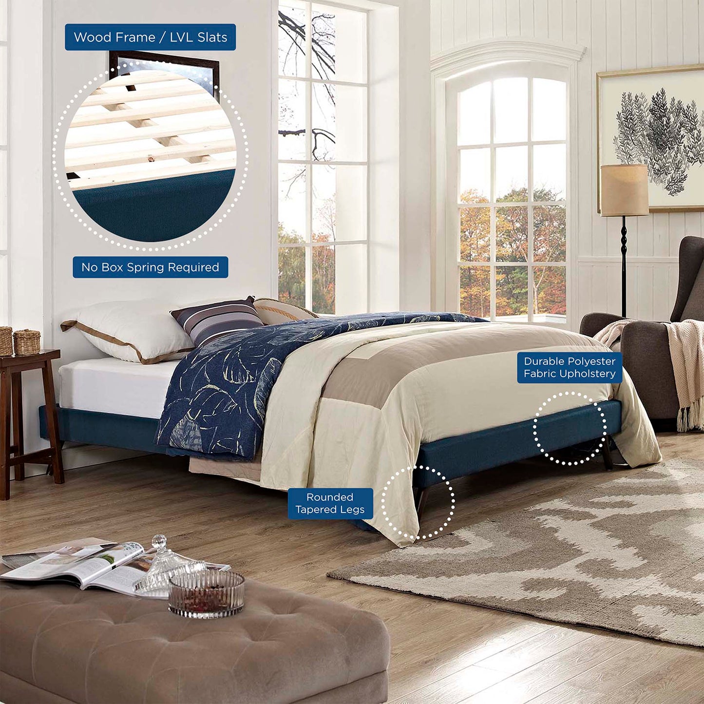 Modway Outlet Loryn Fabric Queen Bed Frame with Round Splayed Legs by Modway Bedroom Furniture Azure - MOD-5891-AZU