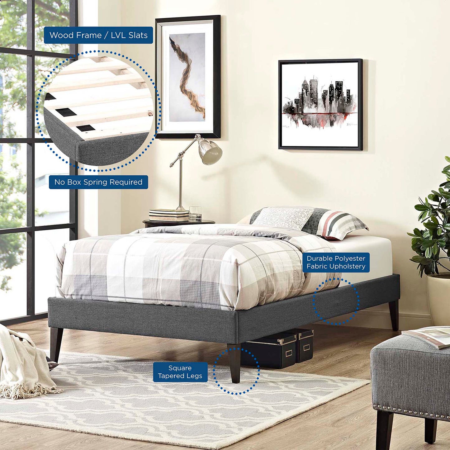 Gray fabric upholstered platform bed with square tapered legs; no box spring needed, LVL slats, modern bedroom setup.