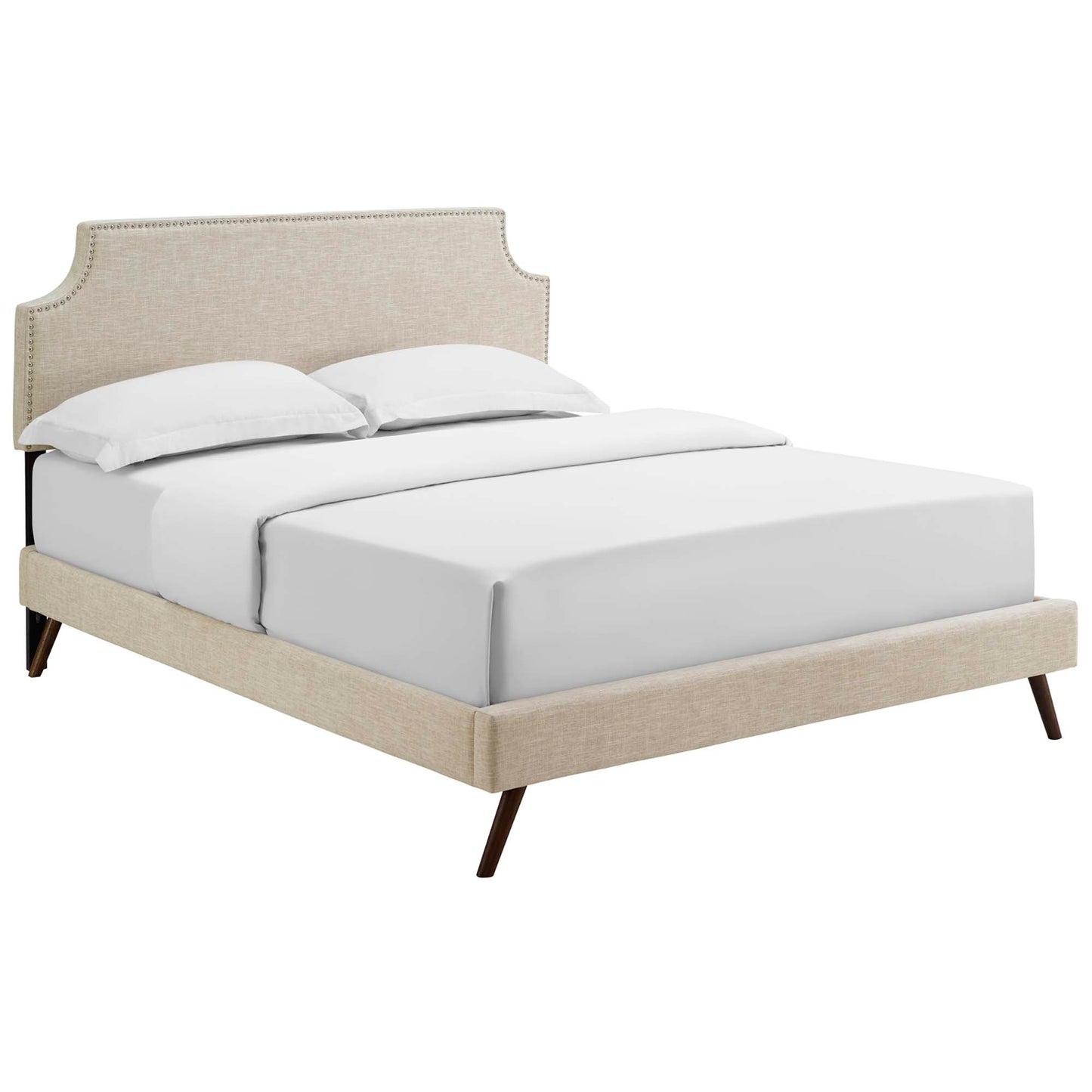 Beige upholstered queen platform bed with round splayed legs and white bedding.